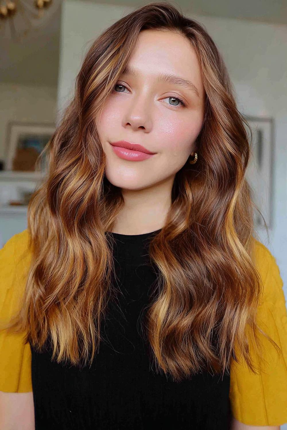 14. Trendy Hair Looks 2026: Copper Balayage Waves with Bright Face Lights