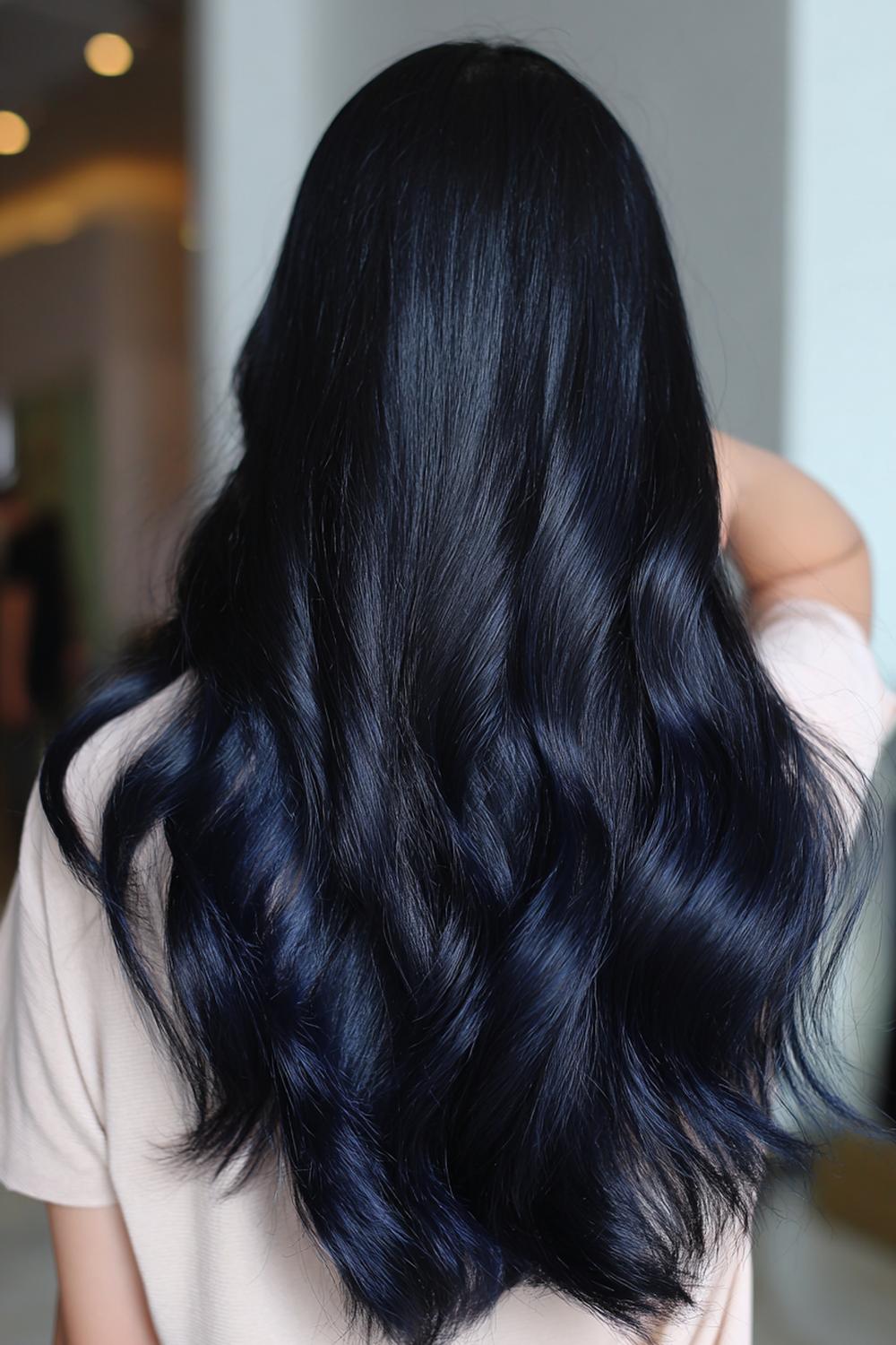 17. Trendy Hair Looks 2026: Soft Black Hair with Blue-Black Reflect and Sleek Finish