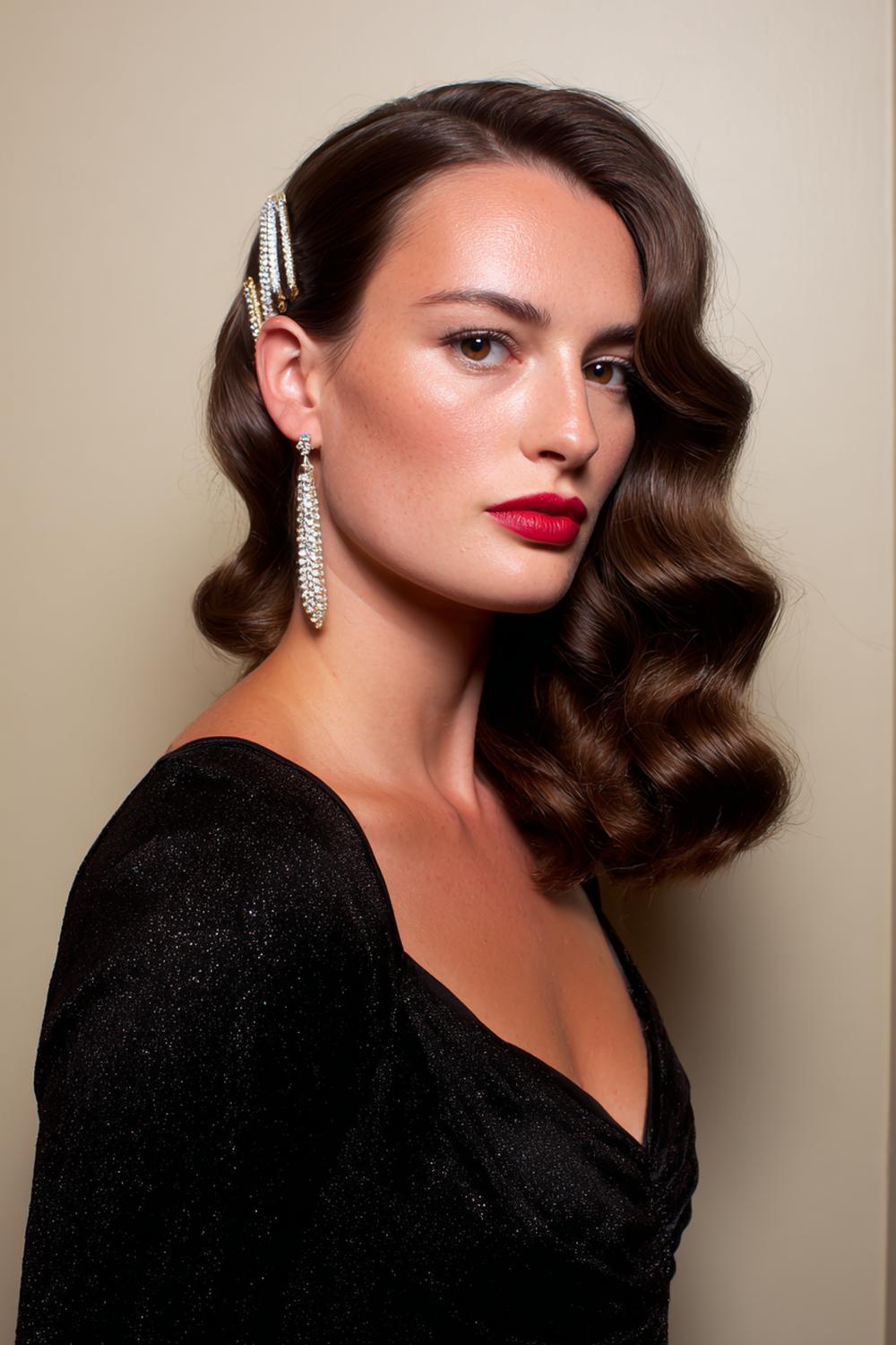 27. Trendy Hair Looks 2026: Retro Hollywood Waves with Deep Side Part and Clip Set