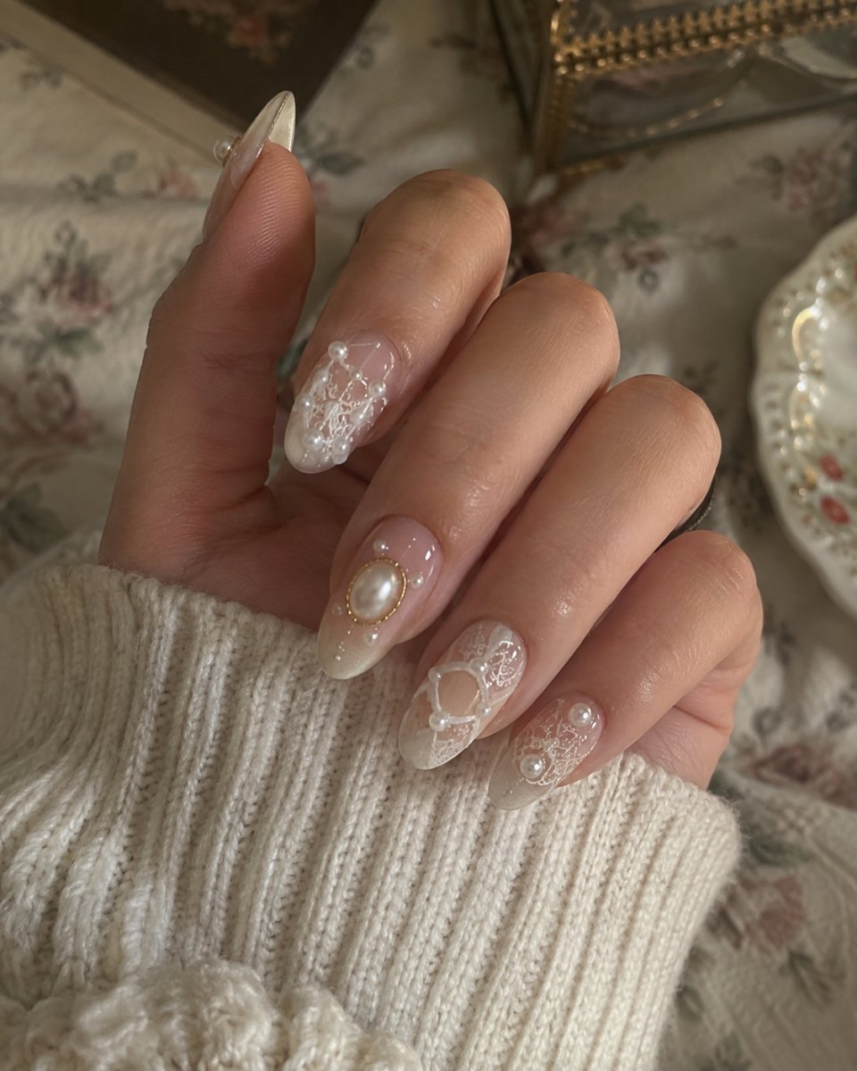 Vintage pearl lace nail