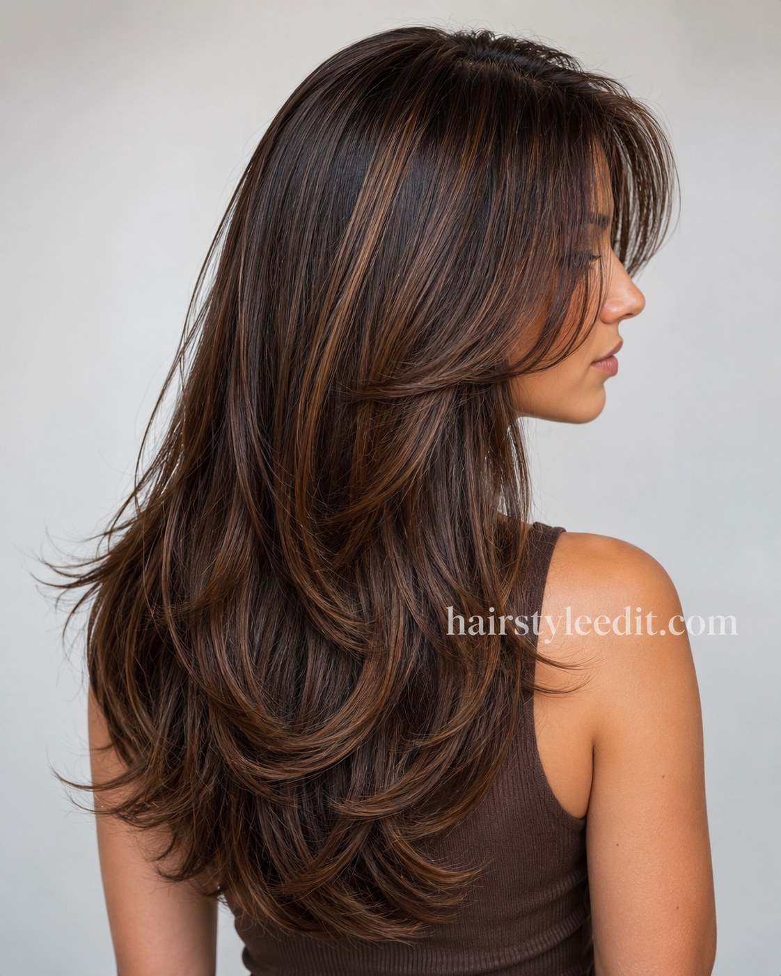 Side profile of a deep side-part long layer volume haircut with caramel money piece for thin hair.