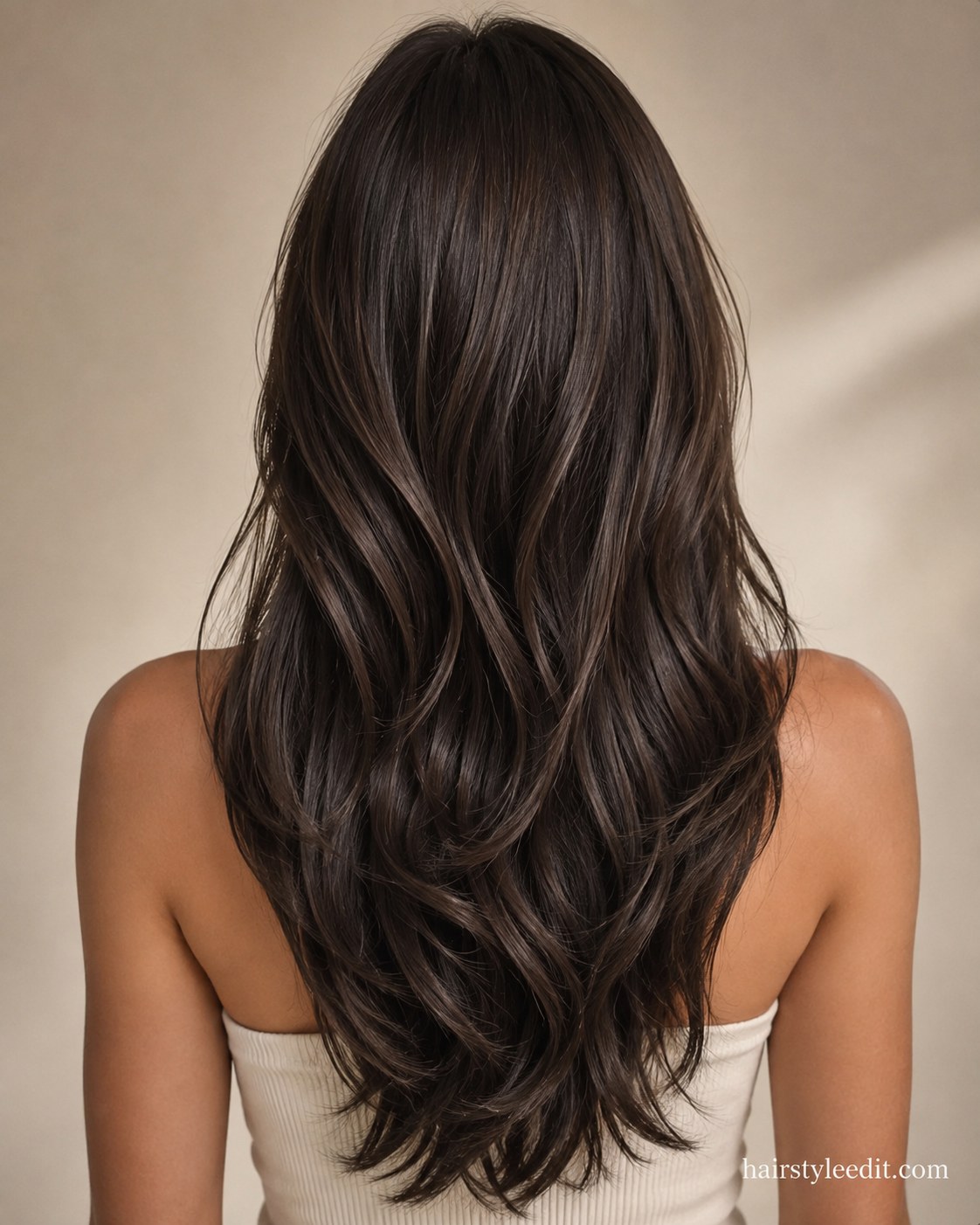 Deep bevel layers on dark brunette hair demonstrate how a volume haircut adds body to thin strands.