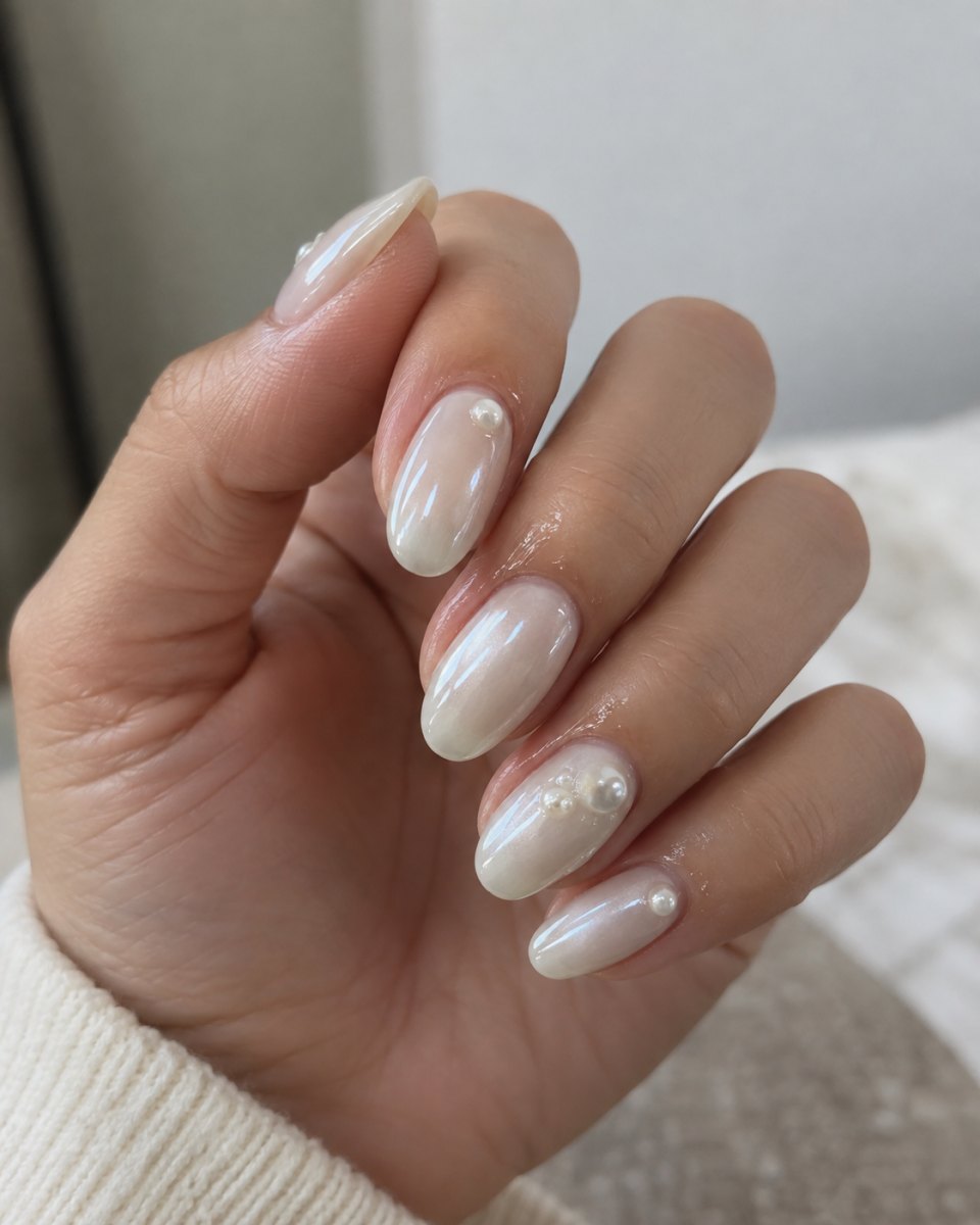 White glossy pearl nails